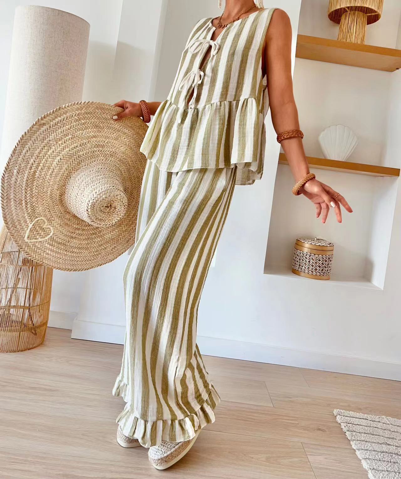 Tie Striped Vest Top Casual Pants Set
