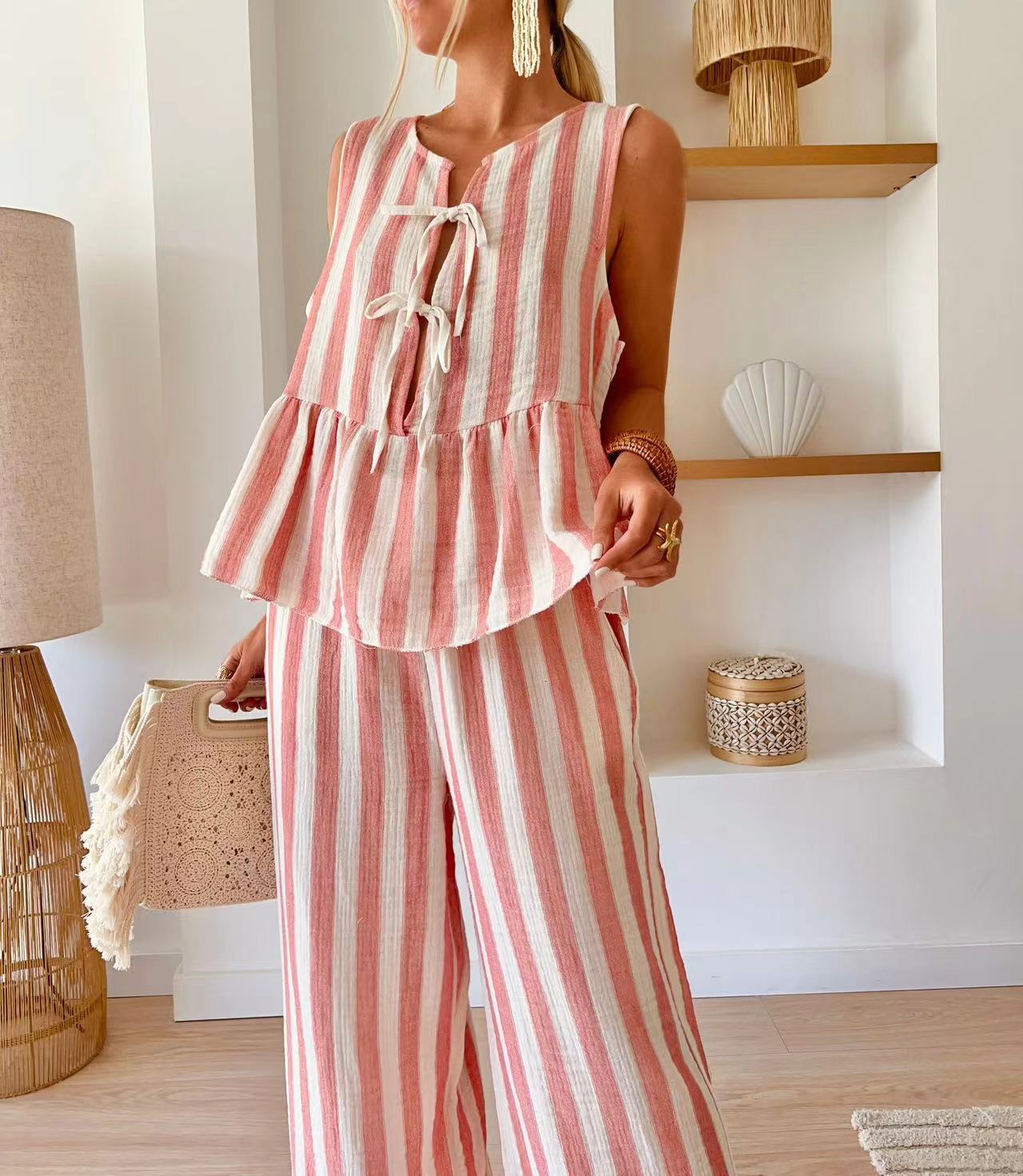 Tie Striped Vest Top Casual Pants Set