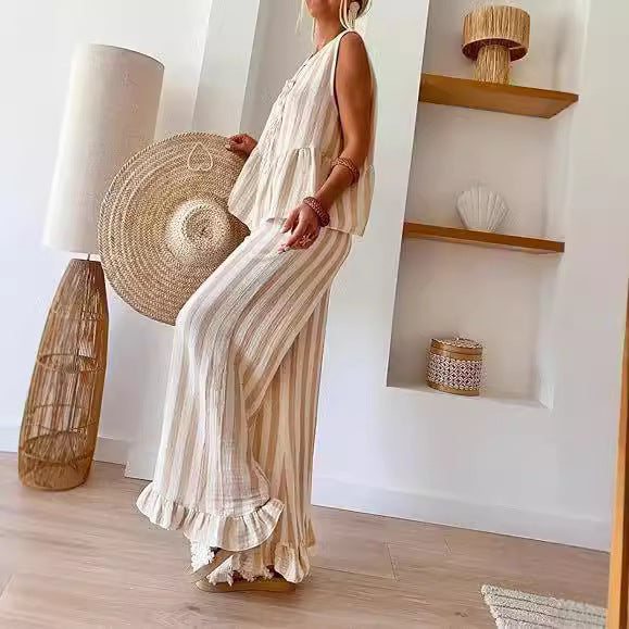 Tie Striped Vest Top Casual Pants Set