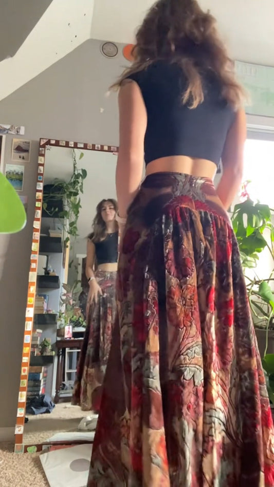 Red velvet high waist flowing maxi skirt