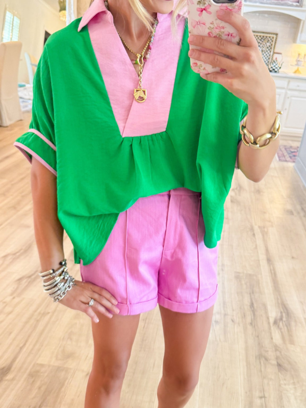 Green and Pink Contrast Short Sleeve Top