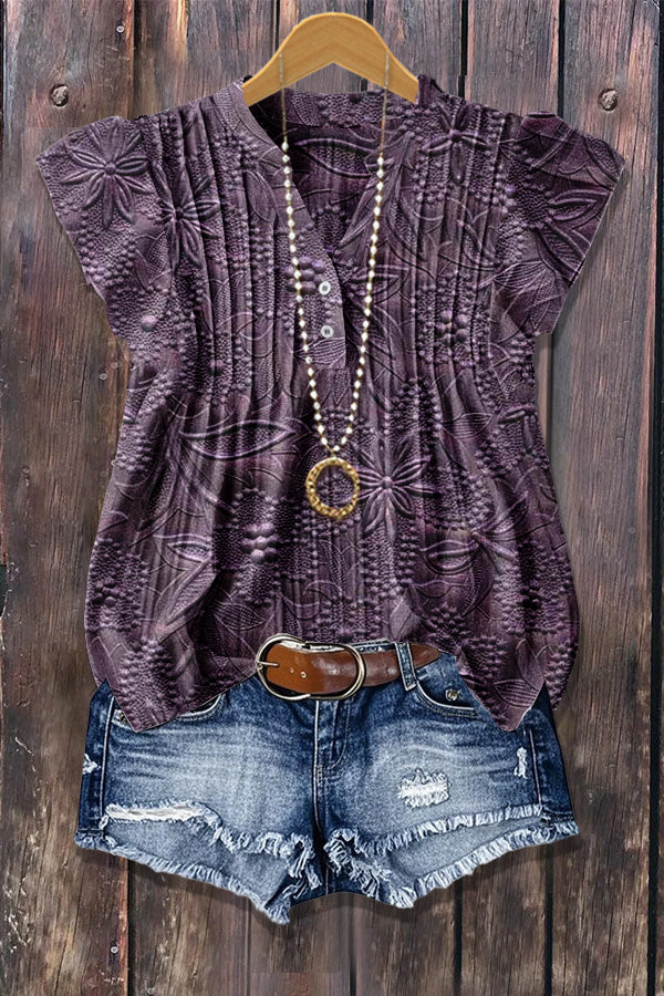 3D Floral Print Flutter Sleeve Ribbed Top