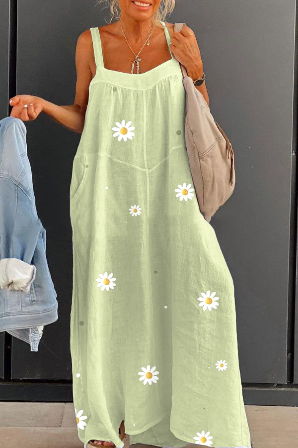 Women's Green Fresh Daisy Large Size Loose Strap Printed Dress Long Skirt