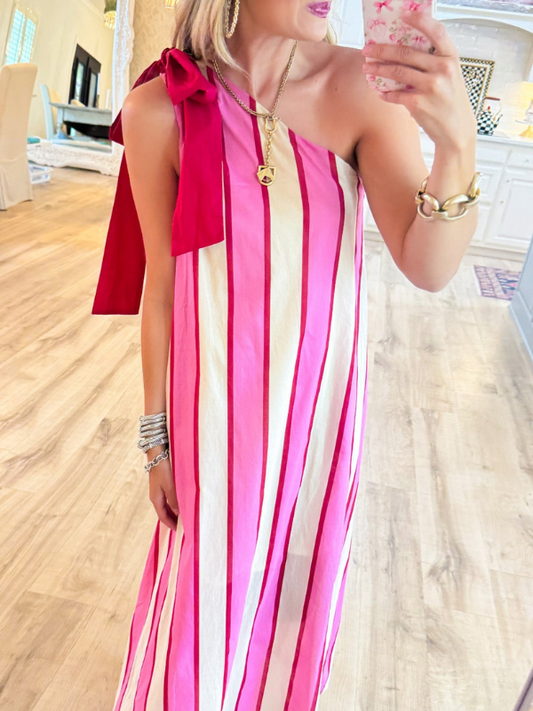 Cream and Pink Stripe Shoulder Tie Maxi Dress