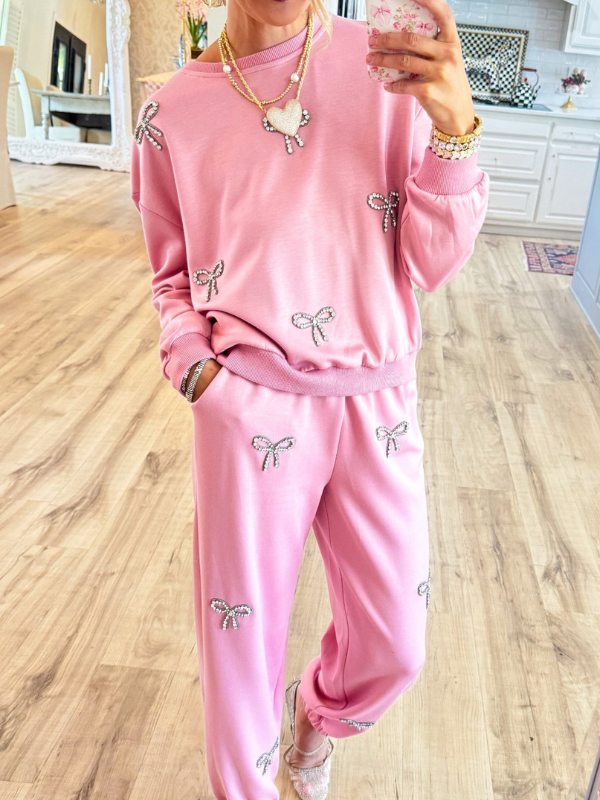 Blush Pink Rhinestone Bow Pants