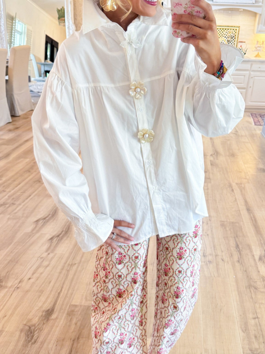 White Pearl Flower Button Down Top