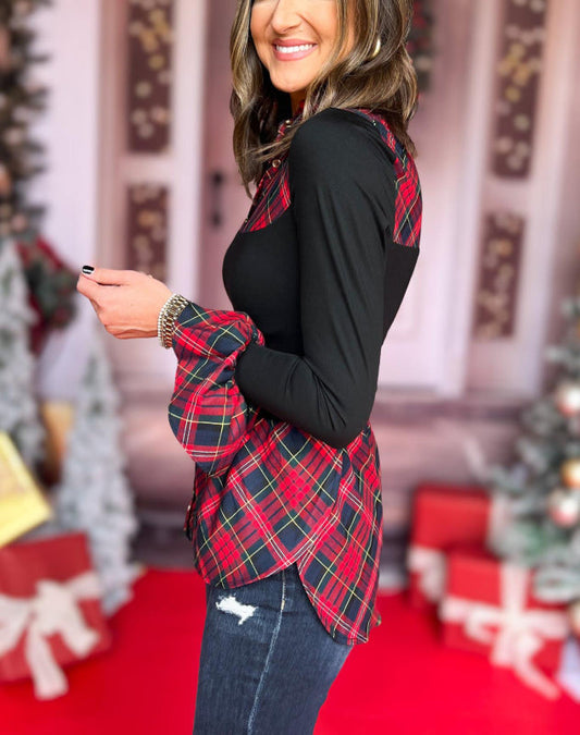 Flounce Long Sleeve Frill Neck Undershirt In Tartan Plaid