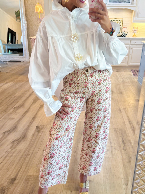 White Pearl Flower Button Down Top