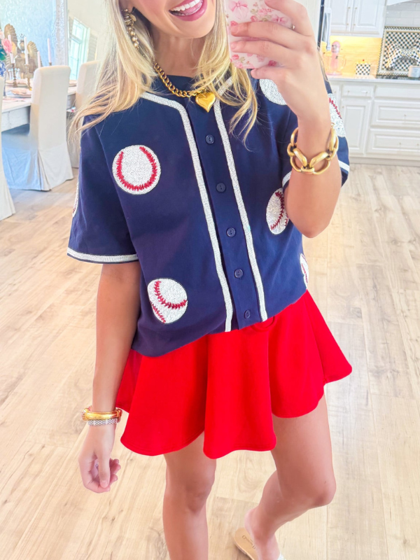 Navy Sequin Baseball Top