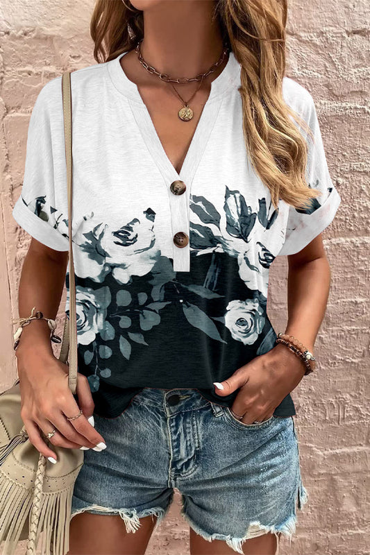 Floral Print Button Detailed V-Neck Top