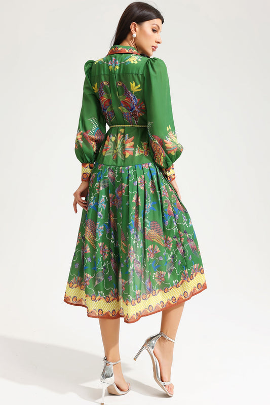 Lapel Lantern Sleeve Printed Large Hemline Long Dress