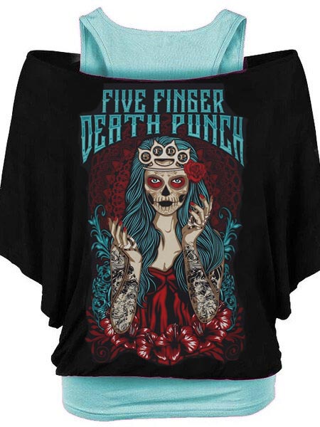 Ladies famous band print bat sleeve T-shirt