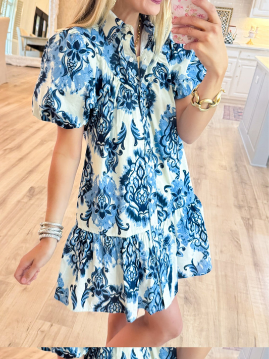Blue and Ivory Printed Short Sleeve Mini Dress