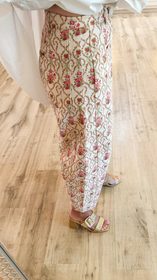Pink and Orange Floral Printed Barrel Pants