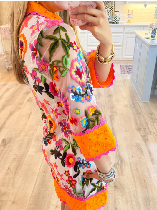 Orange Floral Embroidered Shift Dress