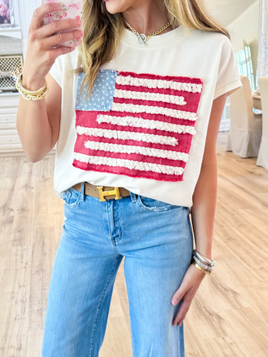 Cream American Flag Short Sleeve Top