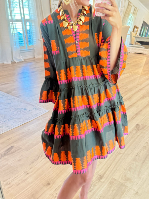Dark Olive Jacquard Tiered Dress