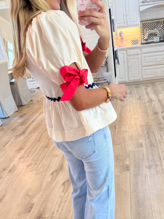Ecru and Red Ric Rac Trim Top
