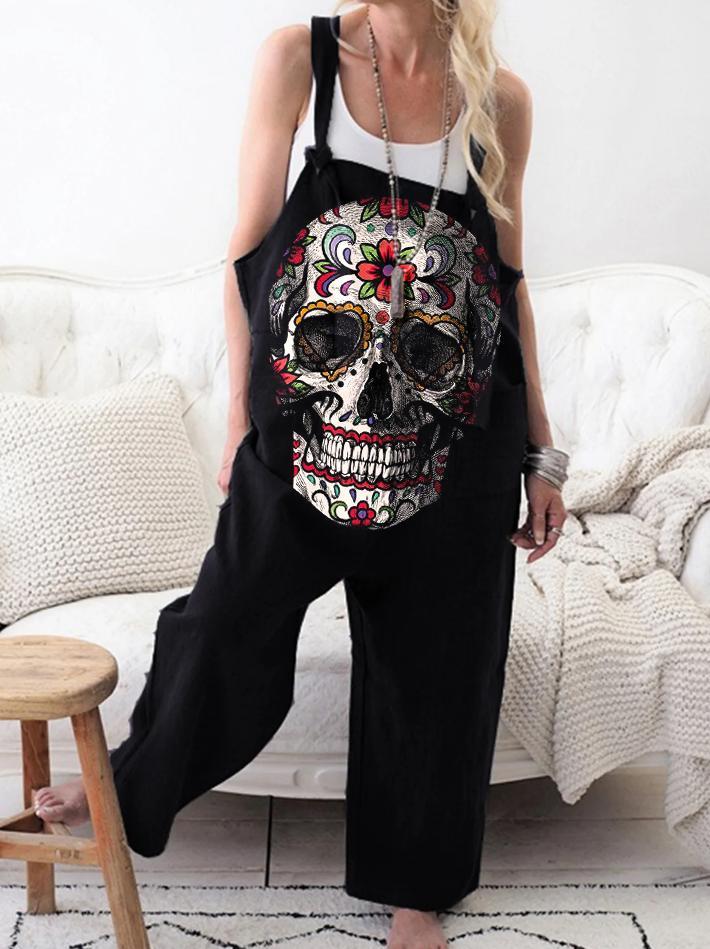 Punk skull print casual loose overalls