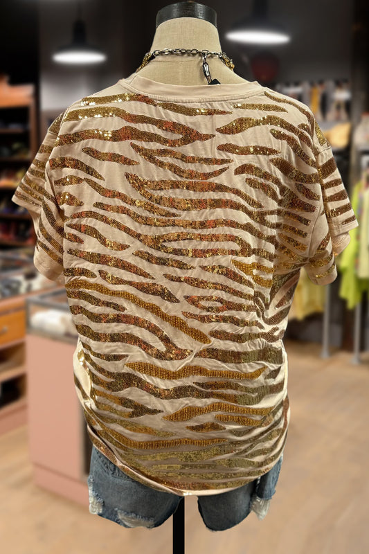 Sequin Tiger Pattern Short Sleeve Top