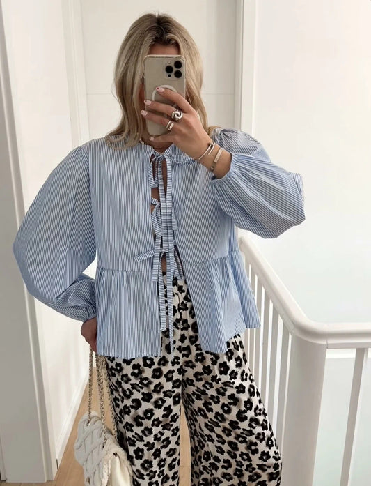 Women's Long Sleeve Tie Striped Shirt