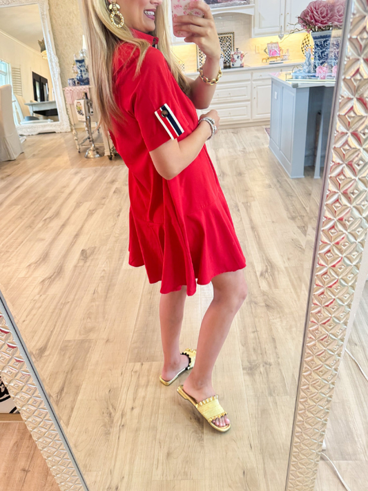 Red Navy Accented Tab Pullover Mini Dress