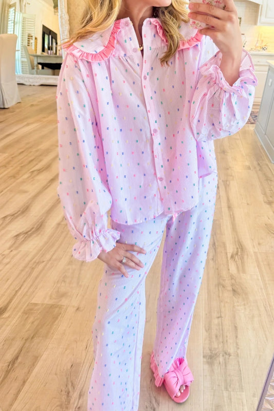 Pink Swiss Dot Striped Pajama Set