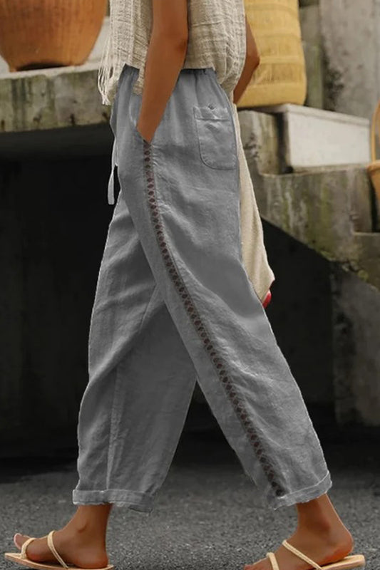 Casual Hollow Out Lace Patch Linen Pants