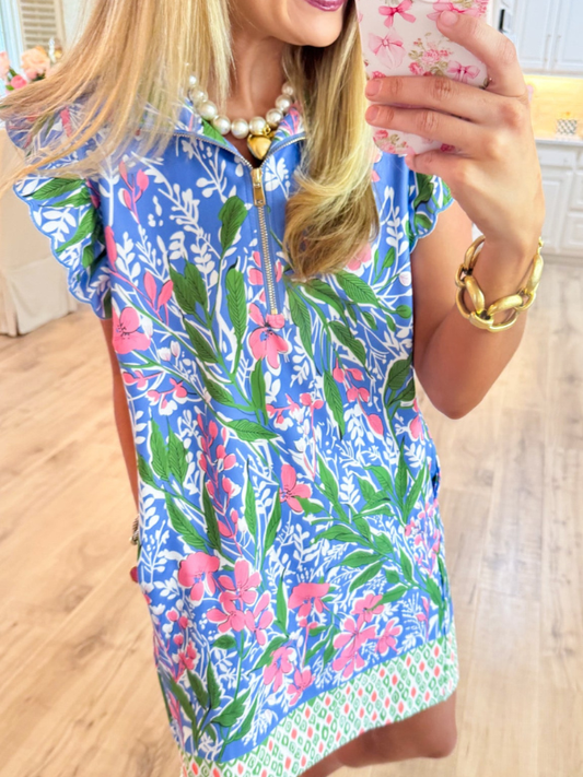 Blue Multi Floral Print Half Zip Dress
