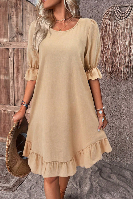 Solid Round Neck Ruffle Hem Linen Dress