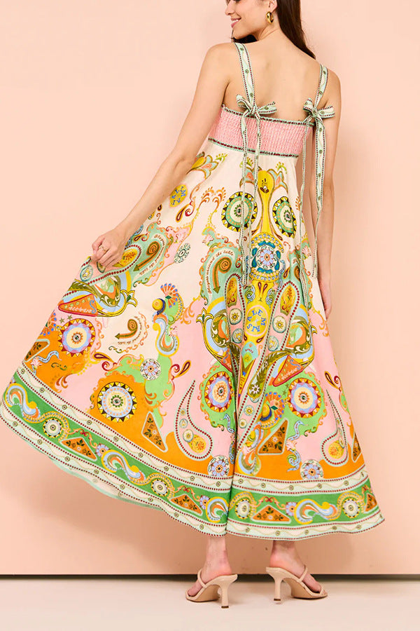 Graffiti Print Sleeveless Bow Large Swing Cotton Linen Dress