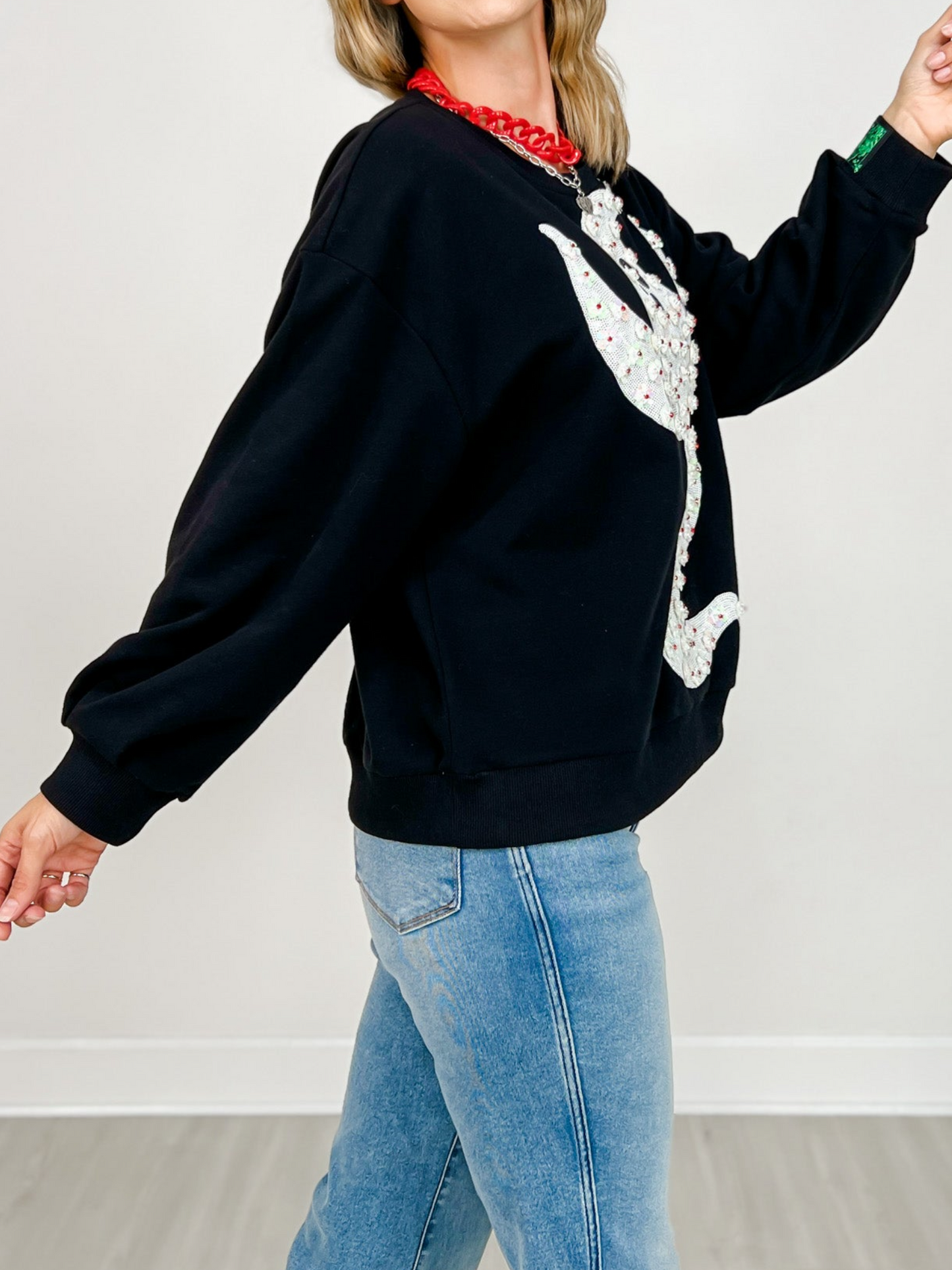 Black and white floral sequined ghost sweatshirt