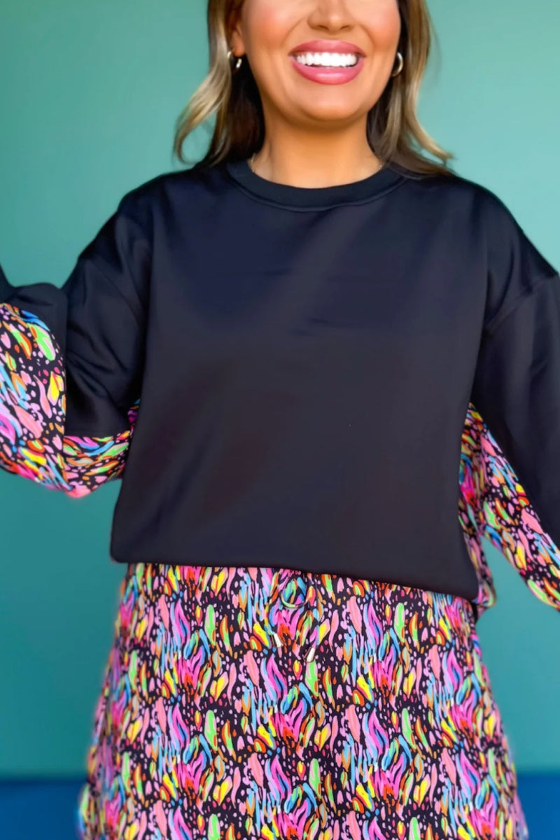 Crew Neck Printed Panel Scuba Set lnBlack Abstract Animal