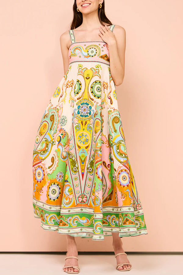 Graffiti Print Sleeveless Bow Large Swing Cotton Linen Dress
