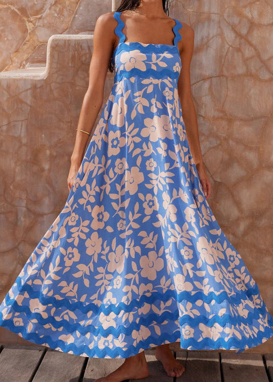 Blue Floral Lace Stitching Wave Suspender Maxi Dress