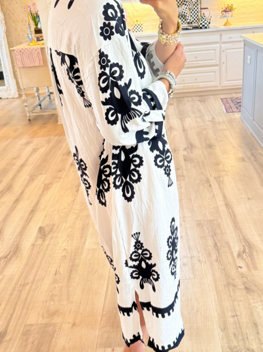 Black and Cream Abstract Print Midi Dress