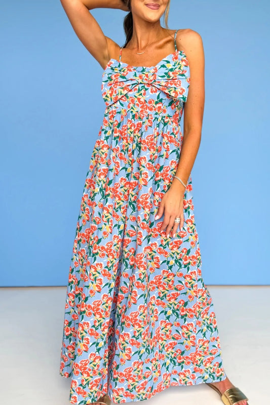 Blue Multi Floral Bow Front Detail Jumpsuit