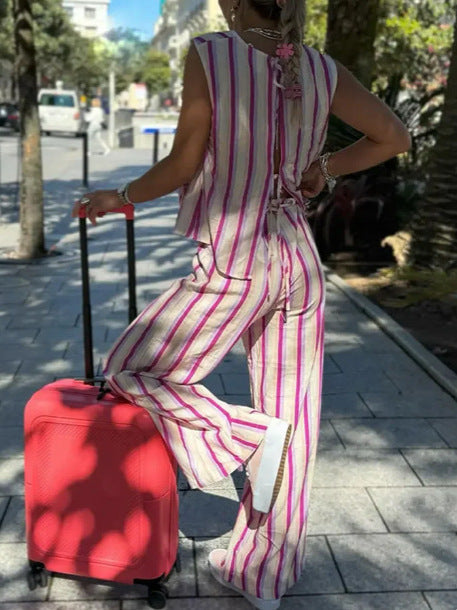 Sleeveless Tie Top and Trousers Striped Set
