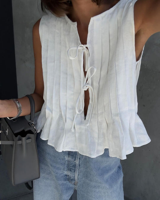 Cotton and Linen Sleeveless Tie-Strap Shirt Long Dress Set