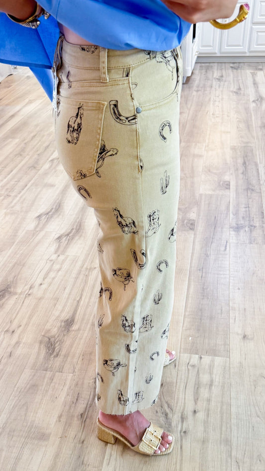 Khaki Cowboy Print Pants
