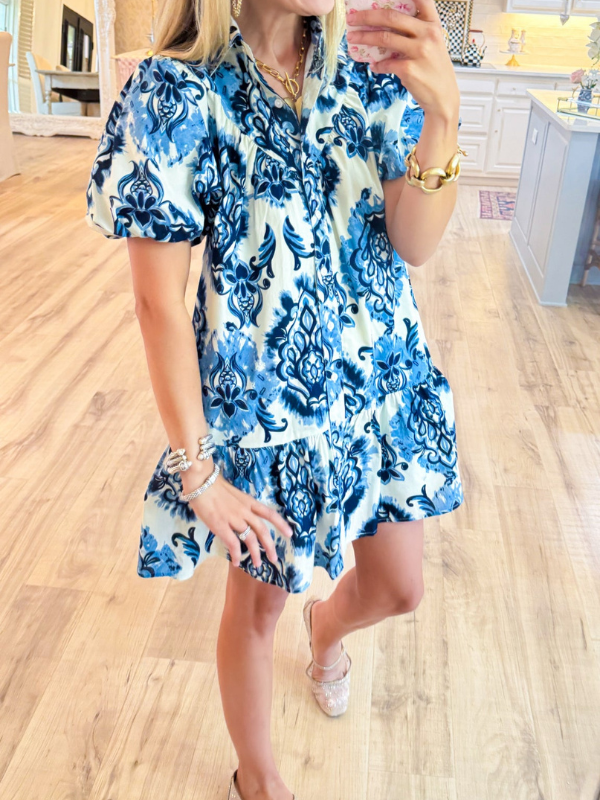 Blue and Ivory Printed Short Sleeve Mini Dress
