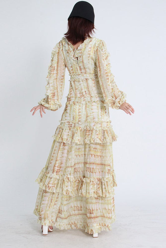 V-Neck Lace Puff Sleeve Tiered Ruffle Hem Maxi Dress Yellow