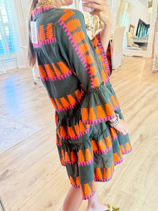 Dark Olive Jacquard Tiered Dress