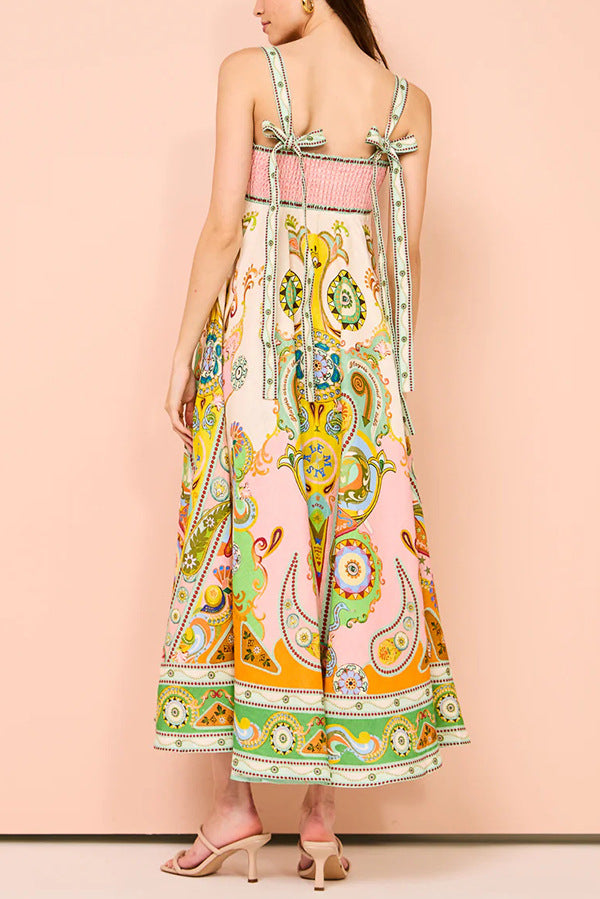 Graffiti Print Sleeveless Bow Large Swing Cotton Linen Dress