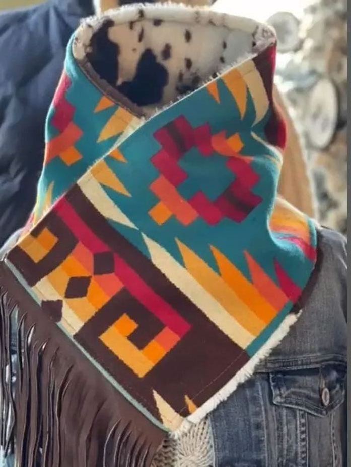 Women's Western Fringed Shawl - Blue/Gold Aztec