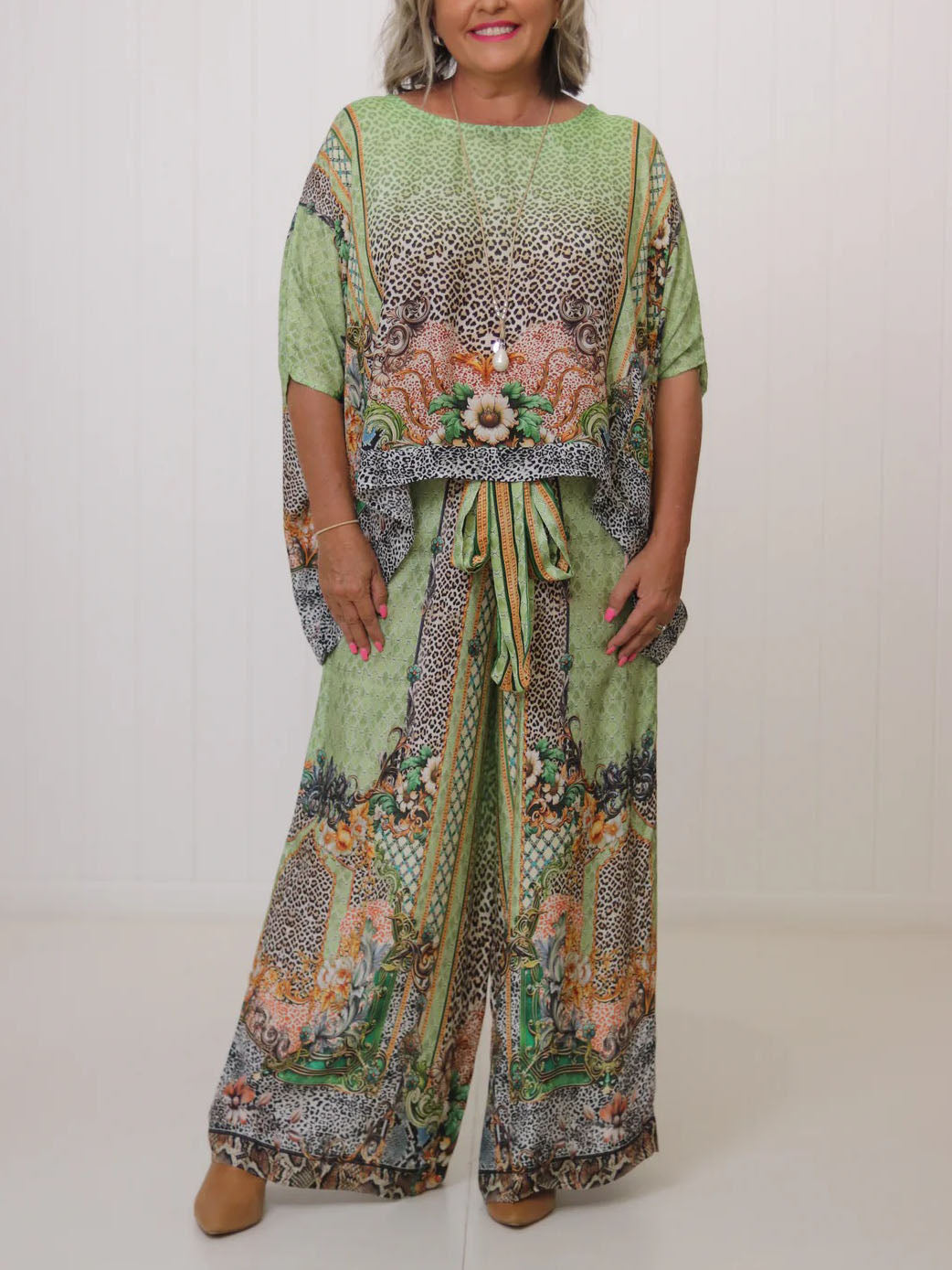 Eclectic Print Batwing Wide-Leg Set