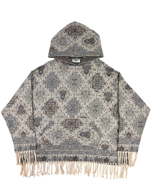 Oversized Patterned Hoodie with Fringe Trim