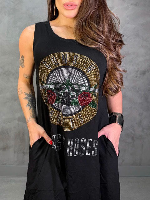 Rhinestone Studded Skull Asymmetric Tank Dress