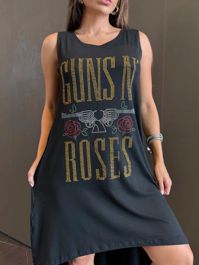 Rhinestone Studded Graphic Asymmetric Tank Dress