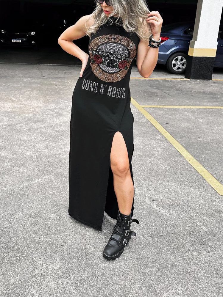 Rhinestone Studded Skull Halter Maxi Dress